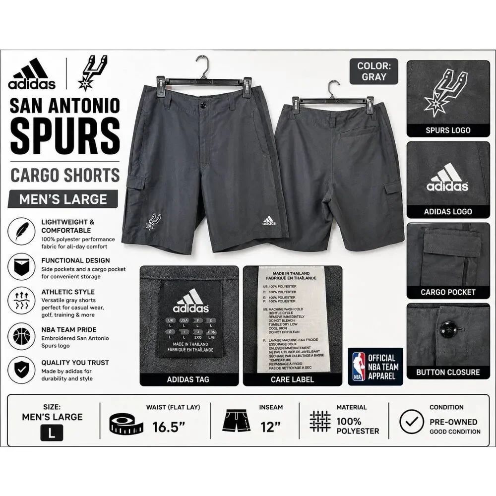 Adidas San Antonio Spurs Cargo Shorts Men’s Large Gray Athletic Casual NBA